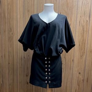 Free People Black V-Neck Dolman Sleeve Snap Button Front Mini Dress Size 6